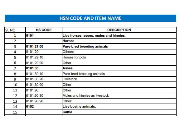 HSN Code And Item Name List PDF