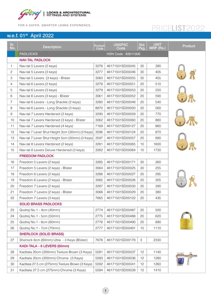 Download PDF of Godrej Door Locks Price List