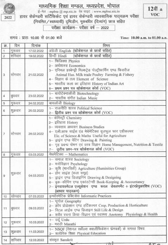 MP Board 12th Date Sheet 2022: Subject-wise Time Table