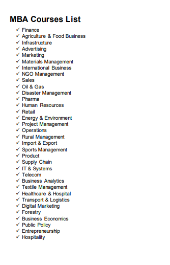 MBA Courses List PDF