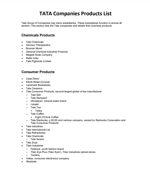 Tata Products List PDF