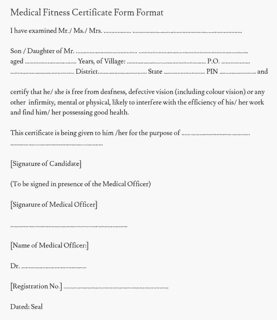 Medical Fitness Certificate Form Format PDF