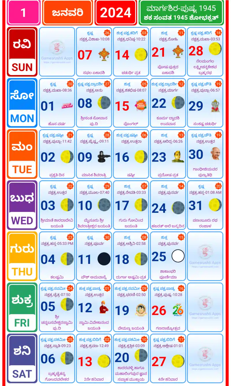 Kannada Calendar 2024 PDF Mahalakshmi, Shabadimath, Asali, Sharada