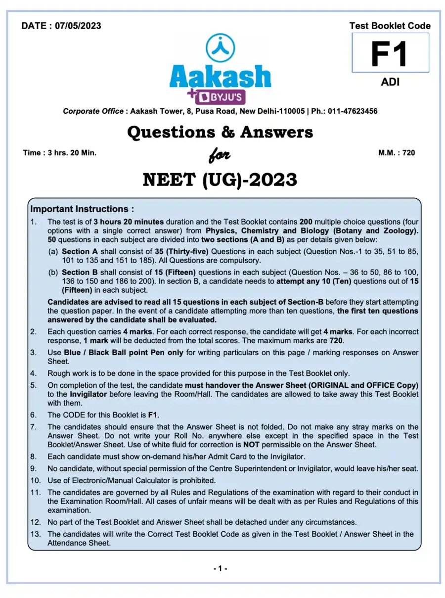 NEET 2023 Question Paper with Answer Key PDF [Aakash, Allen, NTA]